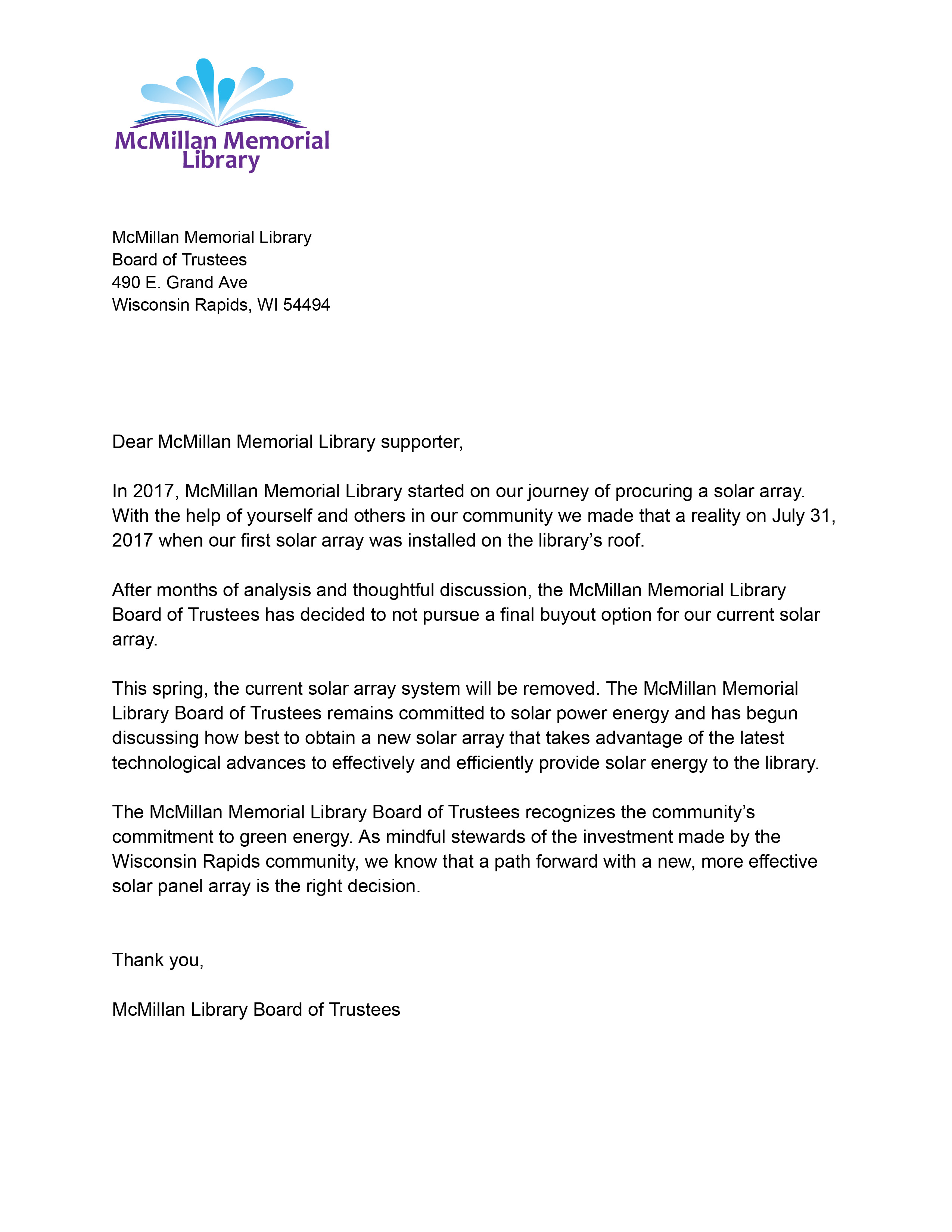 McMillan Library Board Solar Array Update Letter