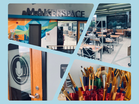 Collage of images in the makerspace including paintbrushes, makerspace sign, interior of room and recoding studio.