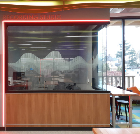 Our Makerspace features a recording studio suitable for recording music or voices. Our Makerspace features a recording studio suitable for recording music or voices.
