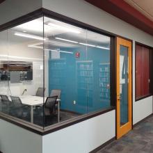 Next to our fiction corner, we have two group study rooms that can hold up to five people.